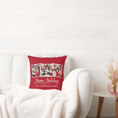 Calligraphy 3 Photo Happy Holidays Red Throw Pillow