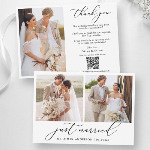Calligraphy 3 Photo Just Married QR Code Wedding Thank You Card