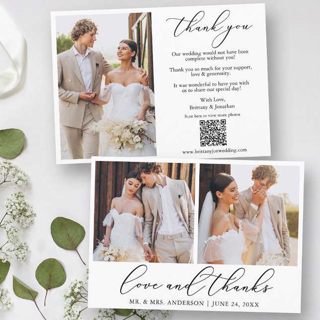Calligraphy 3 Photo Love Thanks QR Code Wedding Thank You Card (Customize to change your personalized text style, size or color.)