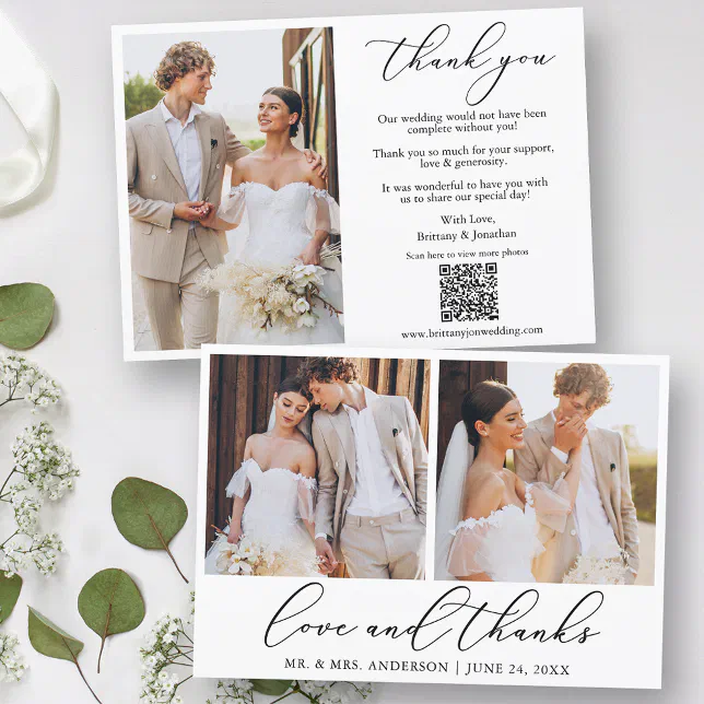 Calligraphy 3 Photo Love Thanks QR Code Wedding Thank You Card | Zazzle