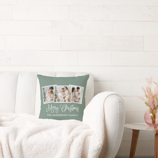 Calligraphy 3 Photo Merry Christmas Sage Green Throw Pillow (Couch)