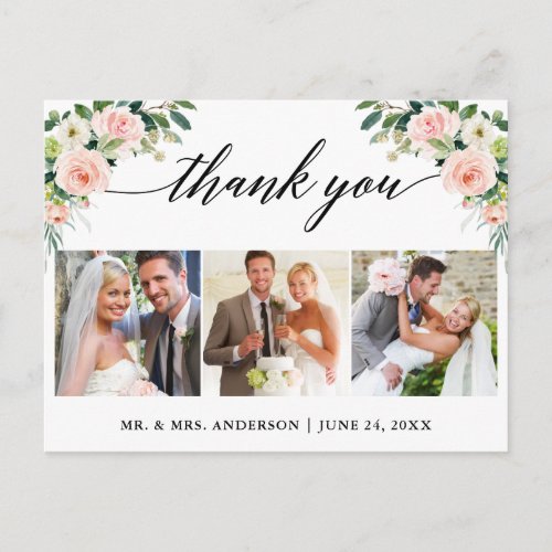 Calligraphy 3 Photo Pink Floral Wedding Thank You Postcard