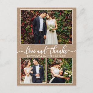 Calligraphy 3 Photo Wedding Thank You Kraft Postcard