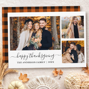 Calligraphy 3 Photos Thanksgiving Orange Plaid Holiday Card