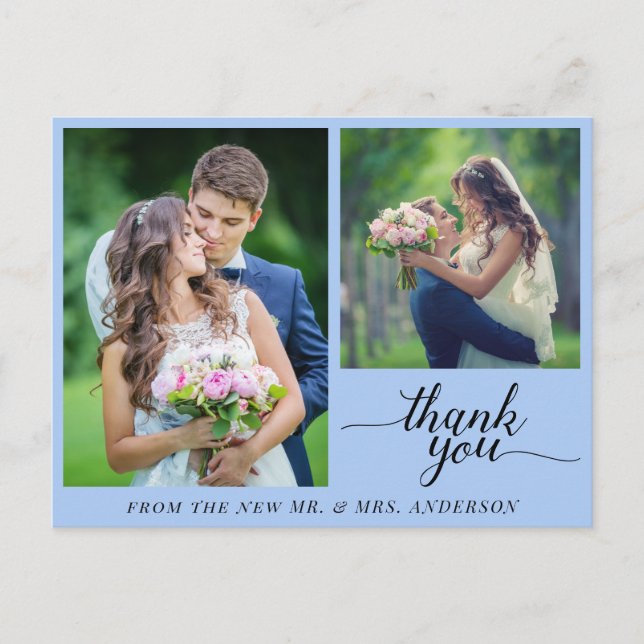 Calligraphy 3 Photos Wedding Thank You Light Blue Postcard (Front)