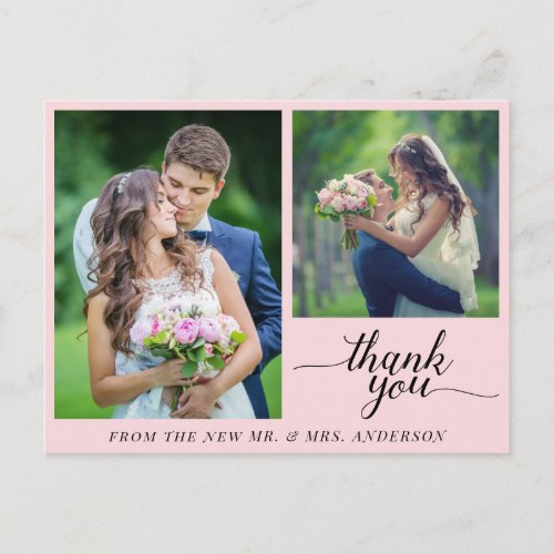 Calligraphy 3 Photos Wedding Thank You Pink Postcard