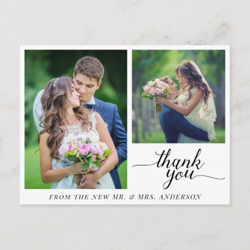 Calligraphy 3 Photos Wedding Thank You Postcard