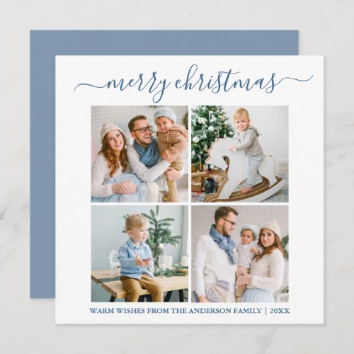 Calligraphy 4 Photo Christmas Dusty Blue Square Holiday Card