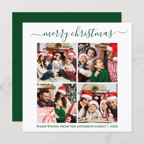 Calligraphy 4 Photo Christmas Green Square Holiday Card