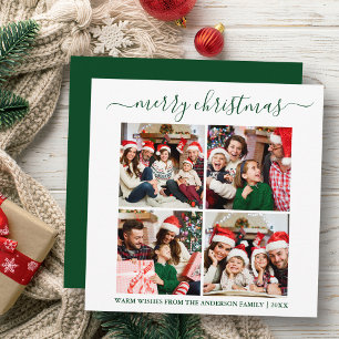 Calligraphy 4 Photo Christmas Green Square Holiday Card
