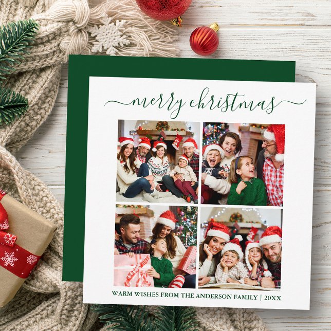 Calligraphy 4 Photo Christmas Green Square Holiday Card (Customize to change text size or text style.)