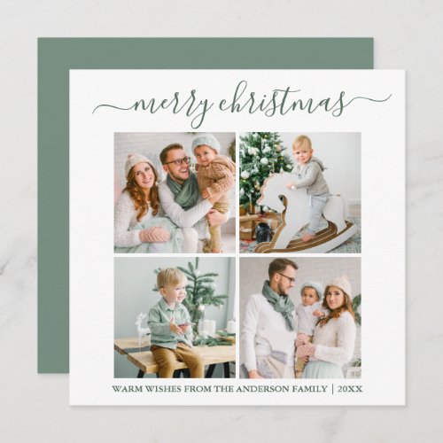 Calligraphy 4 Photo Christmas Sage Green Square Holiday Card