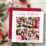 Calligraphy 4 Photo Christmas Square Red Holiday Card<br><div class="desc">Modern Trendy Calligraphy Script 4 Photo Family Photo Collage Merry Christmas Square Holiday Card - Red</div>