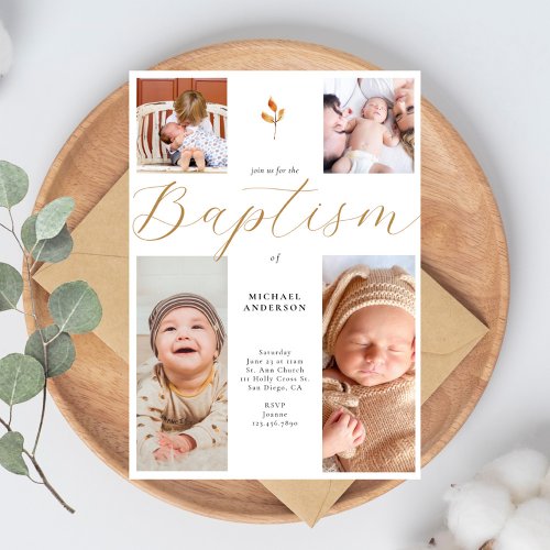 Calligraphy 4 Photo Collage Cross Baby Baptism Invitation