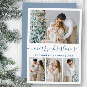 Calligraphy 4 Photo Dusty Blue Merry Christmas Holiday Card