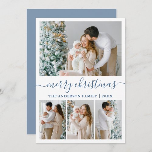 Calligraphy 4 Photo Dusty Blue Merry Christmas Holiday Card
