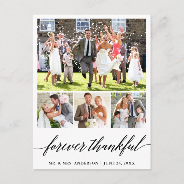 Calligraphy 4 Photo Forever Thankful Wedding Postcard (Front)