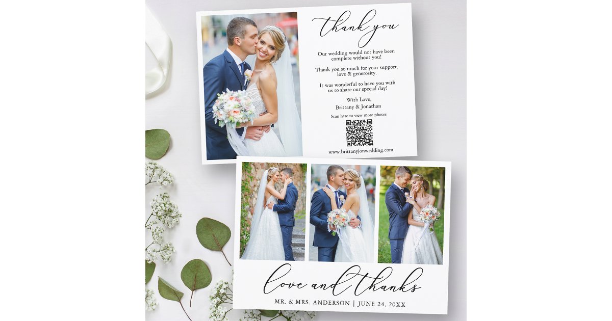 Calligraphy 4 Photo Love Thanks QR Code Wedding Thank You Card | Zazzle