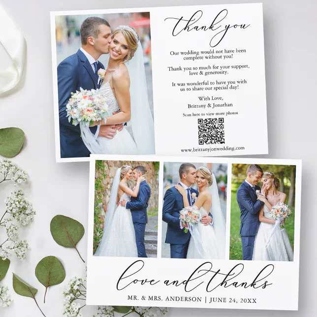 Calligraphy 4 Photo Love Thanks QR Code Wedding Thank You Card | Zazzle