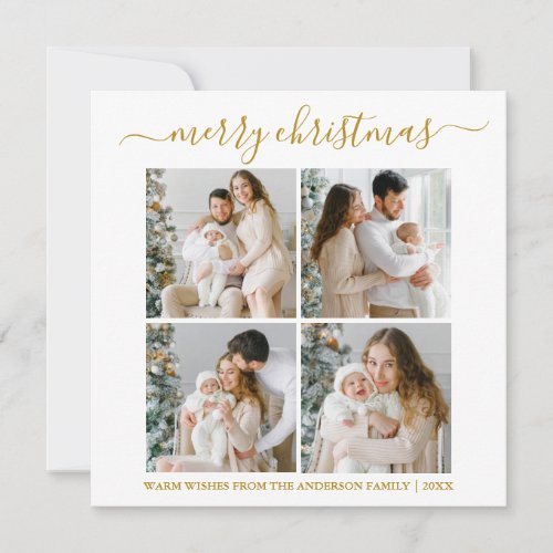 Calligraphy 4 Photo Merry Christmas Gold Square Holiday Card