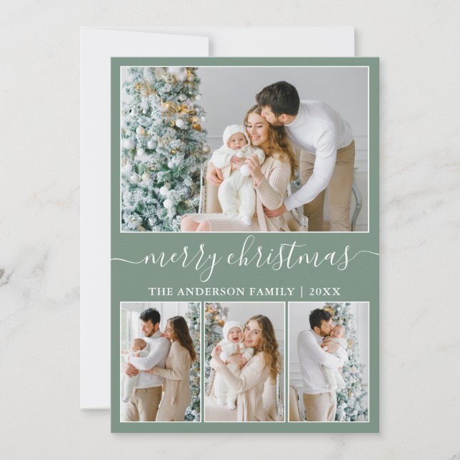 Calligraphy 4 Photo Merry Christmas Sage Green Holiday Card (Front)
