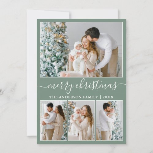 Calligraphy 4 Photo Merry Christmas Sage Green Holiday Card