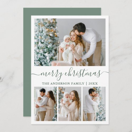 Calligraphy 4 Photo Sage Green Merry Christmas Holiday Card