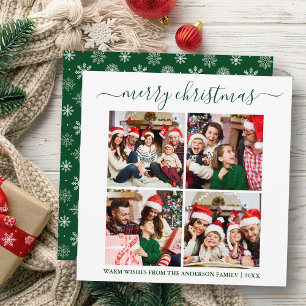 Calligraphy 4 Photo Snowflakes Green Square Holiday Card