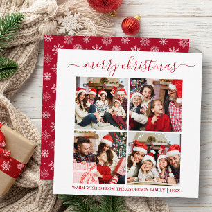 Calligraphy 4 Photo Snowflakes Square Red Holiday Card