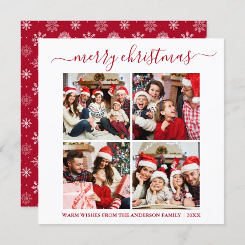 Calligraphy 4 Photo Snowflakes Square Red Holiday Card