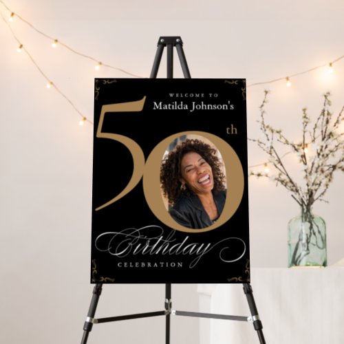 Calligraphy 50th Birthday Gold Black Welcome Sign