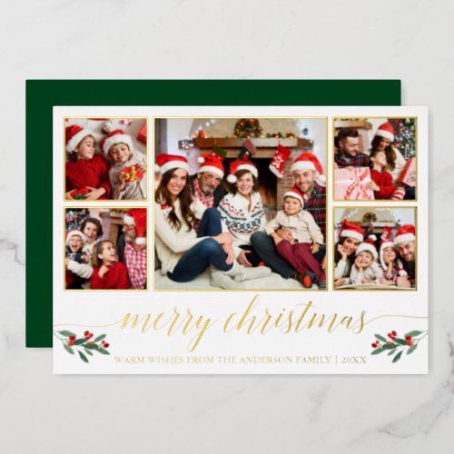 Calligraphy 5 Photo Family Christmas Green Gold Foil Holiday Card