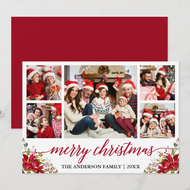 Calligraphy 5 Photo Family Christmas Poinsettia Holiday Card (Front/Back)