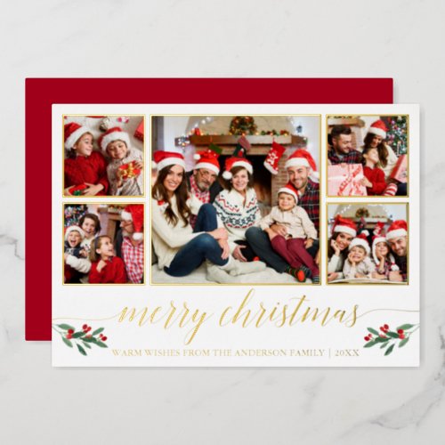 Calligraphy 5 Photo Family Christmas Red Gold Foil Holiday Card