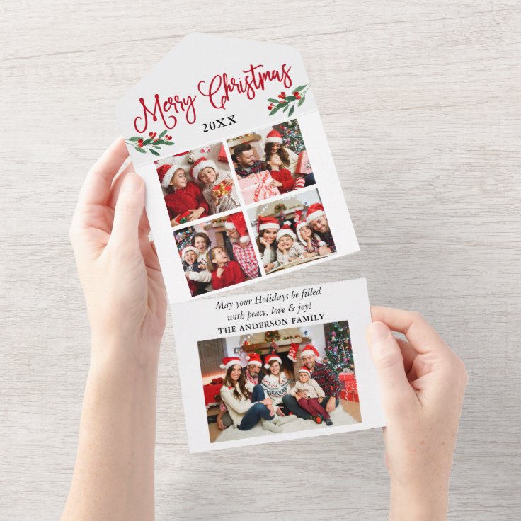 Calligraphy 5 Photo Red All In One Christmas Card | Zazzle