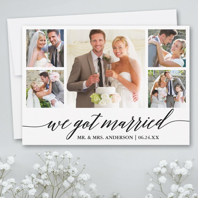Calligraphy 5 Photo Wedding Announcement Card (Customize to add text or more photos to back of card.)