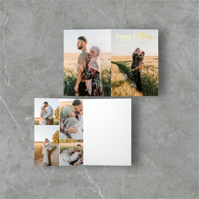 Calligraphy 6 Photo Happy Birthday Foil Greeting Card (Creator Uploaded)