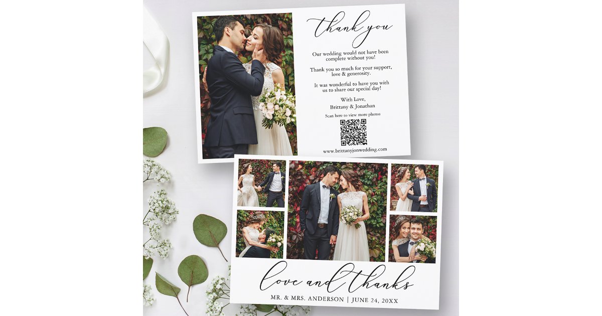 Calligraphy 6 Photo Love Thanks QR Code Wedding Thank You Card | Zazzle
