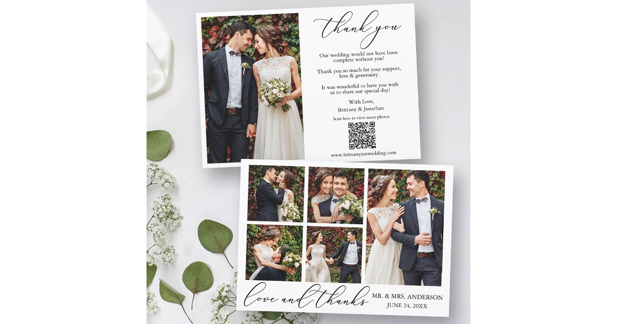 Calligraphy 6 Photos Love Thanks QR Code Wedding Thank You Card | Zazzle
