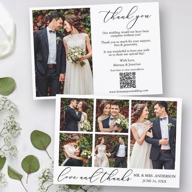 Calligraphy 6 Photos Love Thanks QR Code Wedding Thank You Card (Customize to change your personalized text style, size or color.)