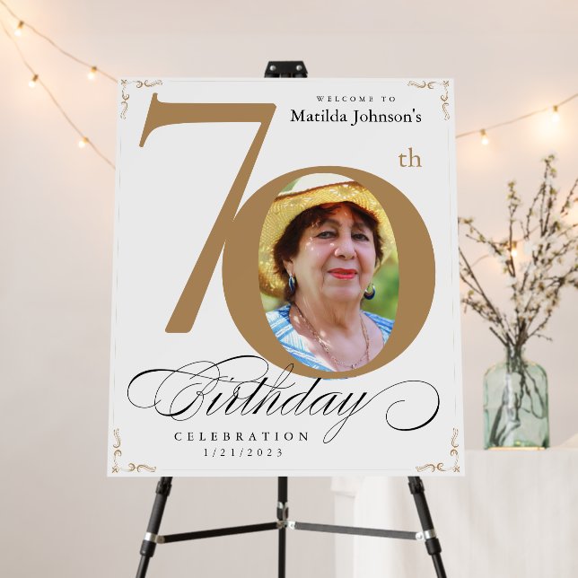 Calligraphy 70th Birthday Party Gold White Sign (In Situ (Stand))