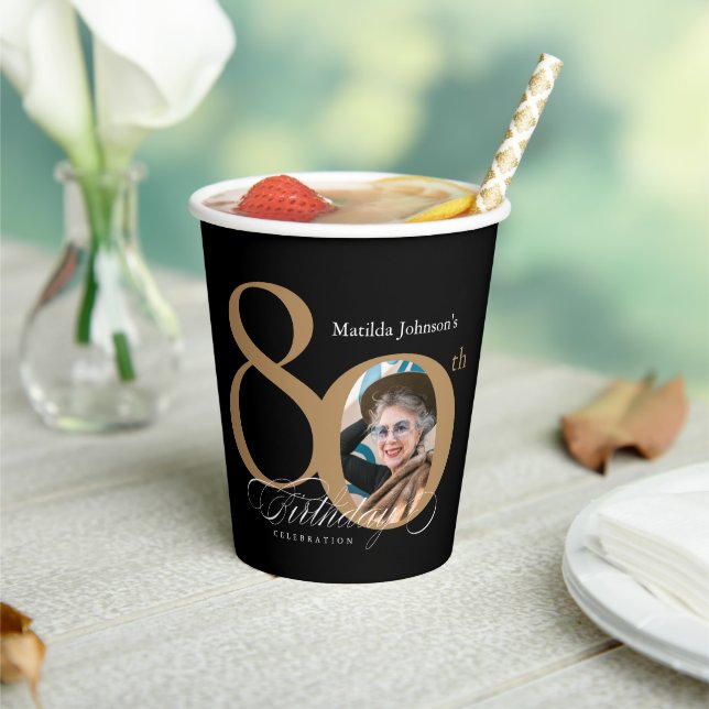 Calligraphy 80th Birthday Elegant Gold Black Photo Paper Cups (Insitu)