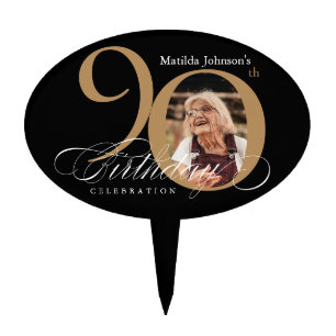 Calligraphy 90th Birthday Black Gold Custom Photo Cake Topper