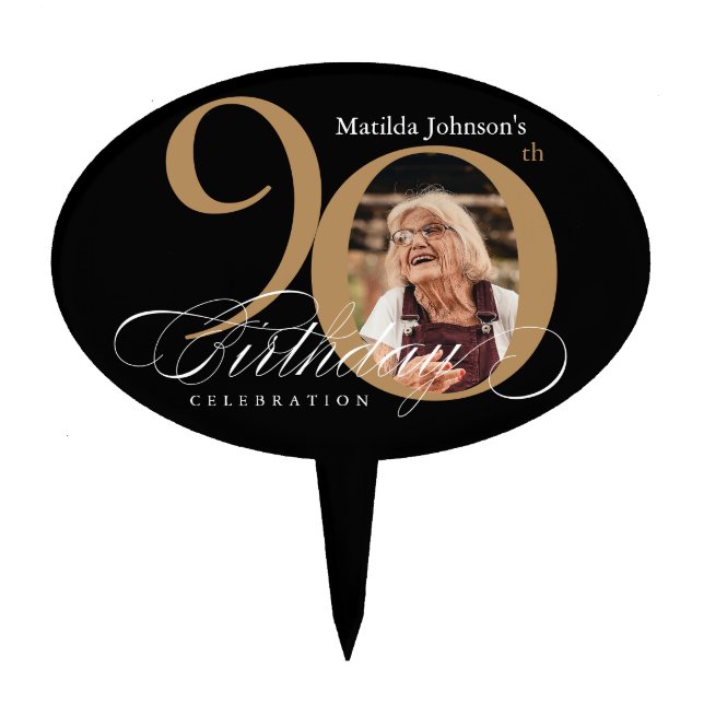 Calligraphy 90th Birthday Black Gold Custom Photo Cake Topper (Front)