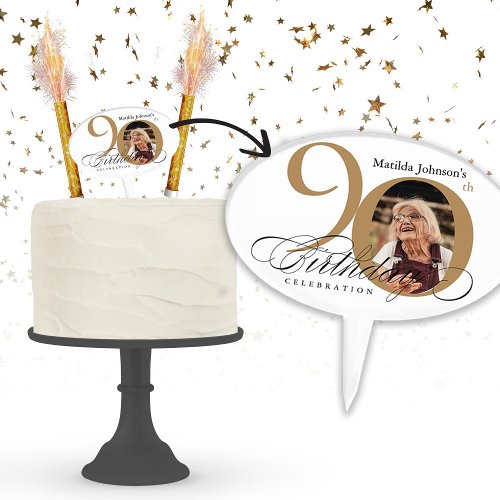 Calligraphy 90th Birthday White Gold Custom Photo Cake Topper