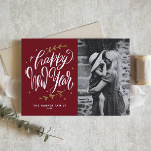 Calligraphy and Wreath New Year Photo Burgundy Holiday Card