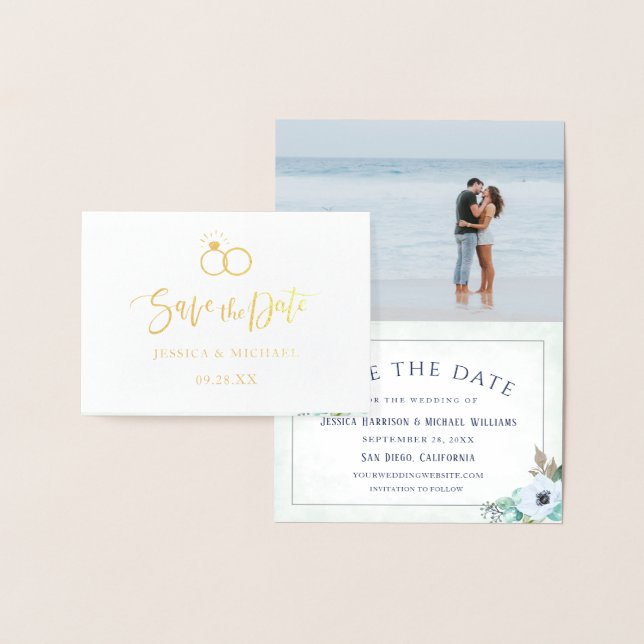 Calligraphy Anemone Flower Photo Save The Date Foil Card (Display)
