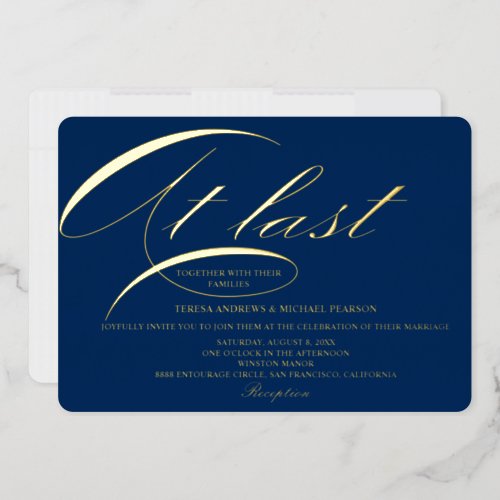 Calligraphy At last Script Royal Blue Gold Wedding Foil Holiday Card