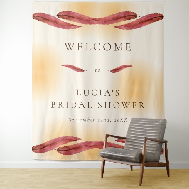 Calligraphy Autumn Leaf Bridal Shower Welcome Tapestry (In Situ)