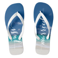 Calligraphy Beach Just Married Wedding Flip Flops